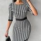 Houndstooth Print Square Neck Wrap Work Dress