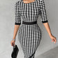 Houndstooth Print Square Neck Wrap Work Dress