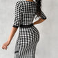 Houndstooth Print Square Neck Wrap Work Dress