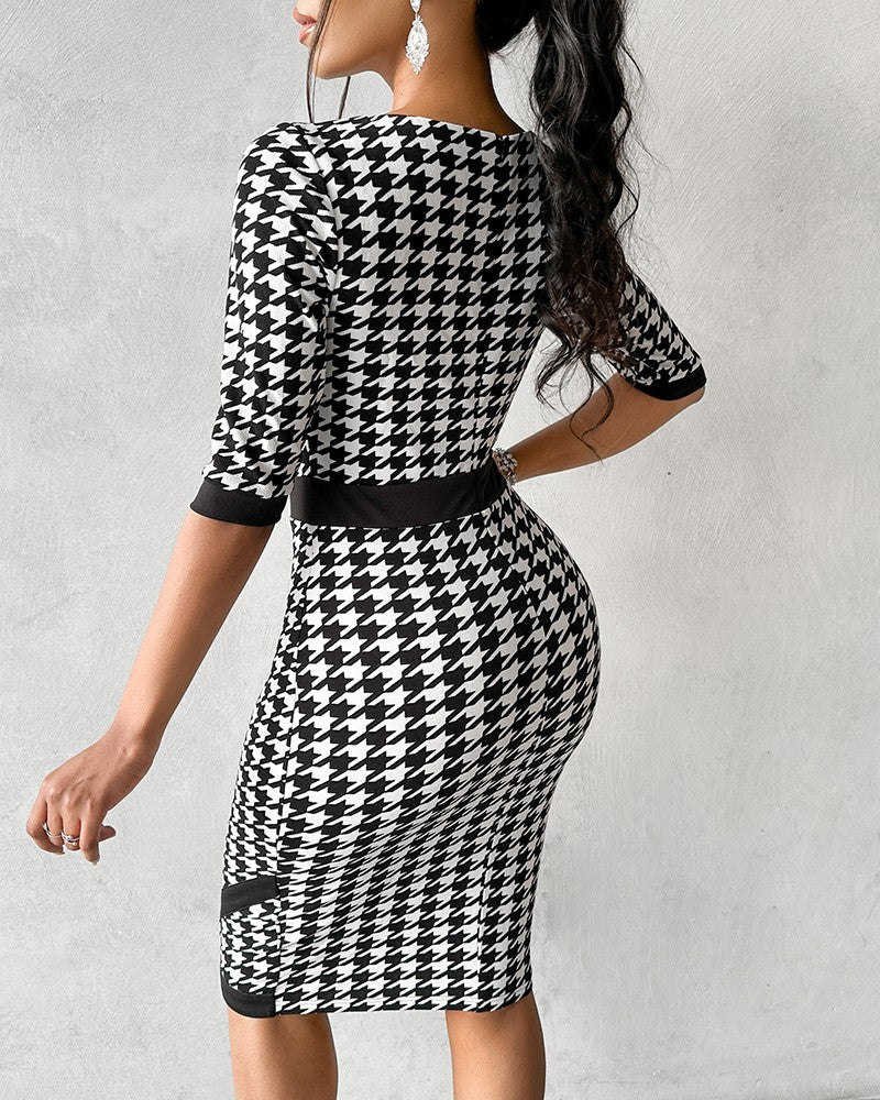 Houndstooth Print Square Neck Wrap Work Dress