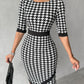 Houndstooth Print Square Neck Wrap Work Dress