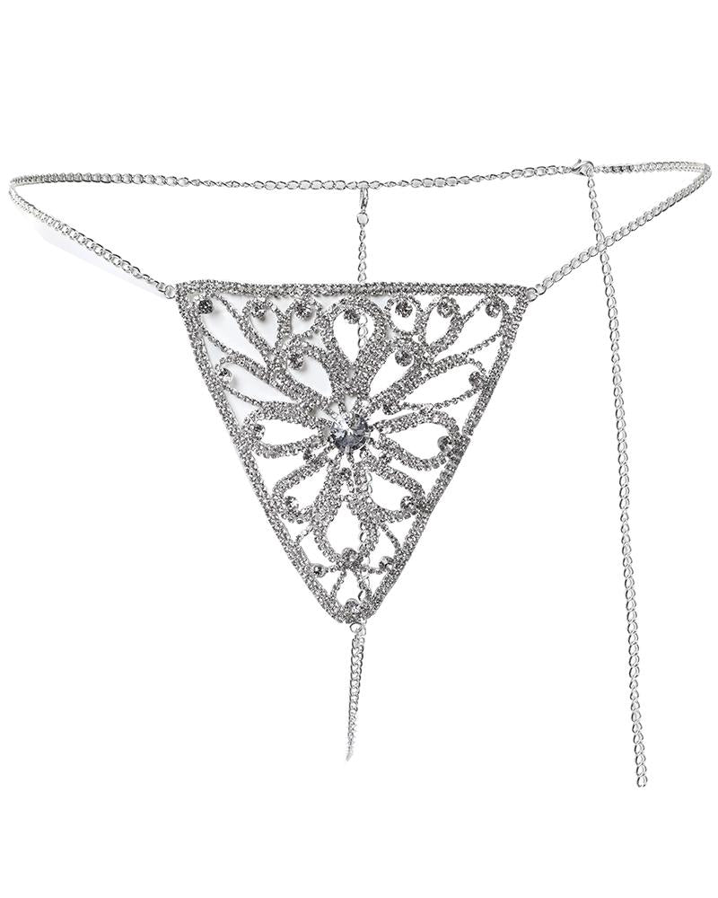 Rhinestone Floral Pattern Underwear Thong Panty Body Chain Jewelry