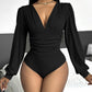 Deep V Neck Ruched Ribbed Bodysuit