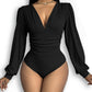 Deep V Neck Ruched Ribbed Bodysuit