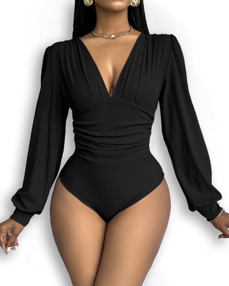 Deep V Neck Ruched Ribbed Bodysuit