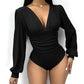 Deep V Neck Ruched Ribbed Bodysuit