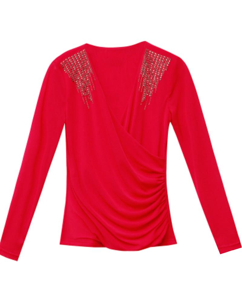 Rhinestone Ruched Overlap Long Sleeve Top