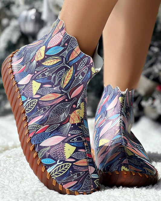 Cartoon Fish Leaf Print Ankle Boots