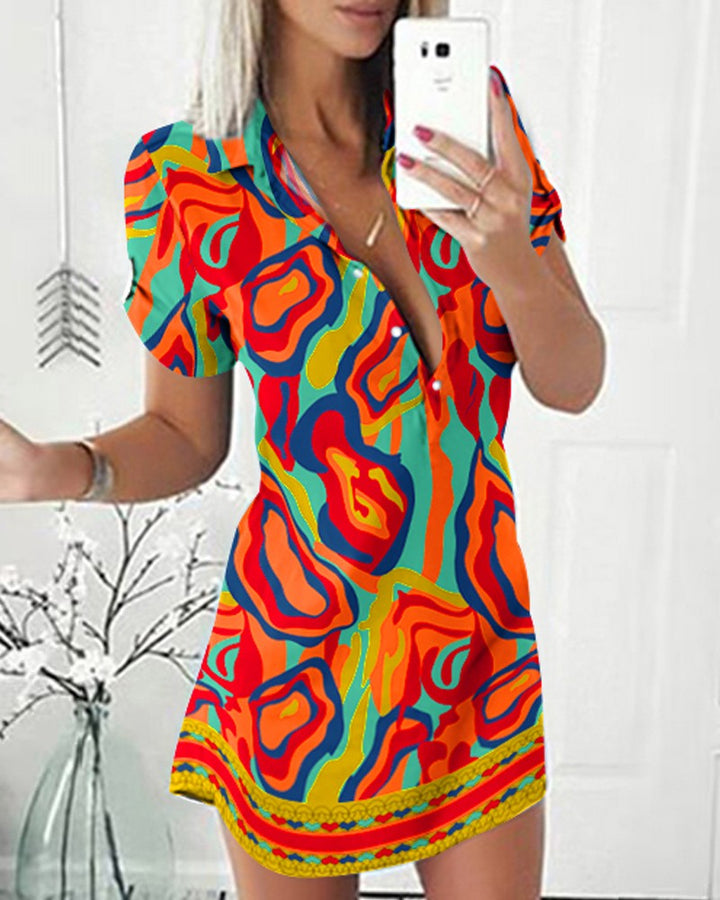 Multi Color Abstract Print Buttoned Shirt Dress