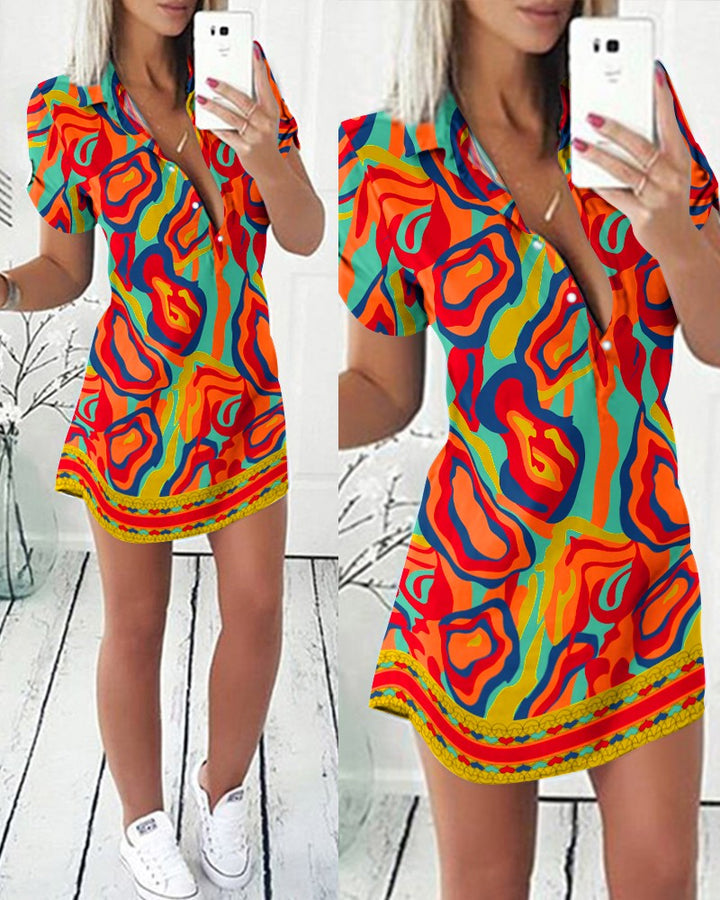 Multi Color Abstract Print Buttoned Shirt Dress
