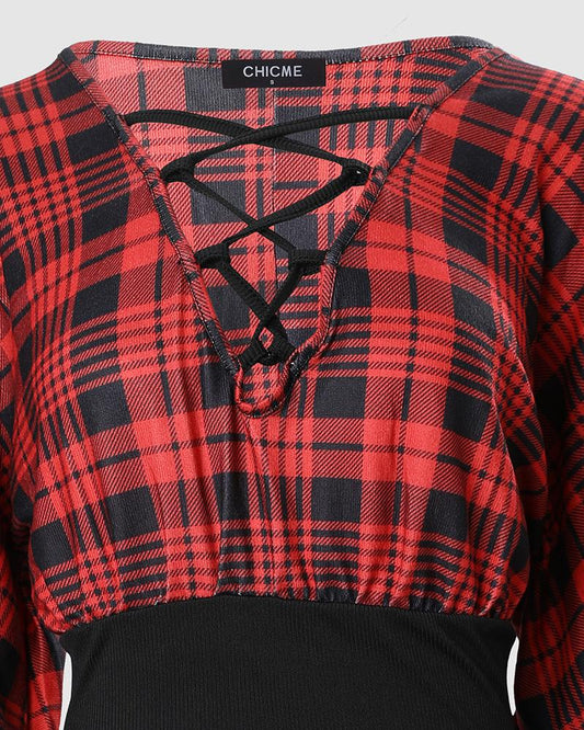 Plaid Print Lantern Sleeve Midi Dress