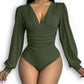 Deep V Neck Ruched Ribbed Bodysuit