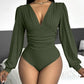 Deep V Neck Ruched Ribbed Bodysuit