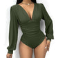 Deep V Neck Ruched Ribbed Bodysuit