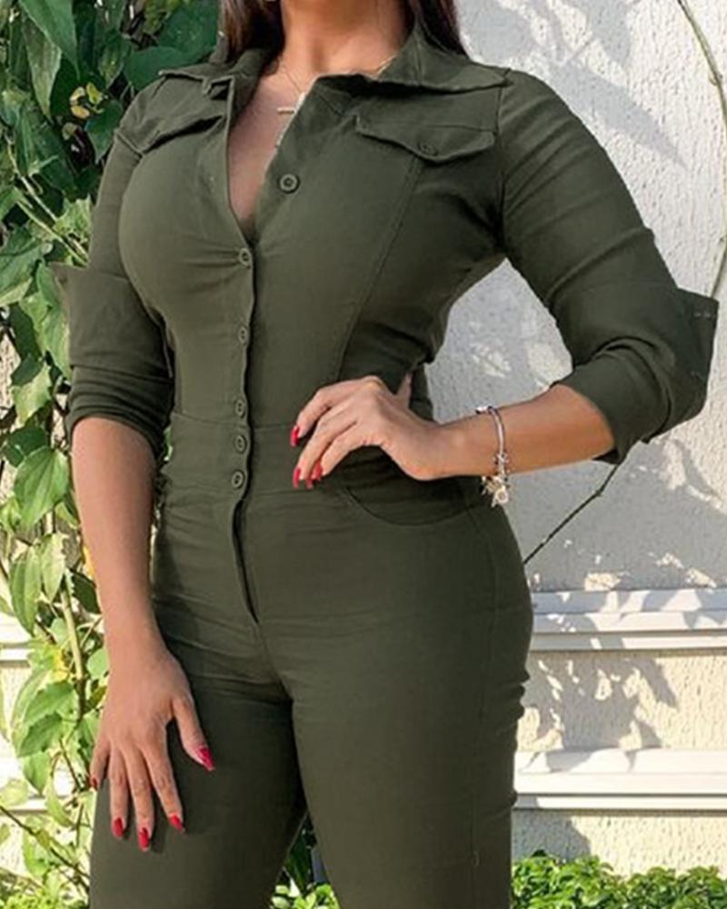 Long Sleeve Buttoned Turn Down Collar Jumpsuit