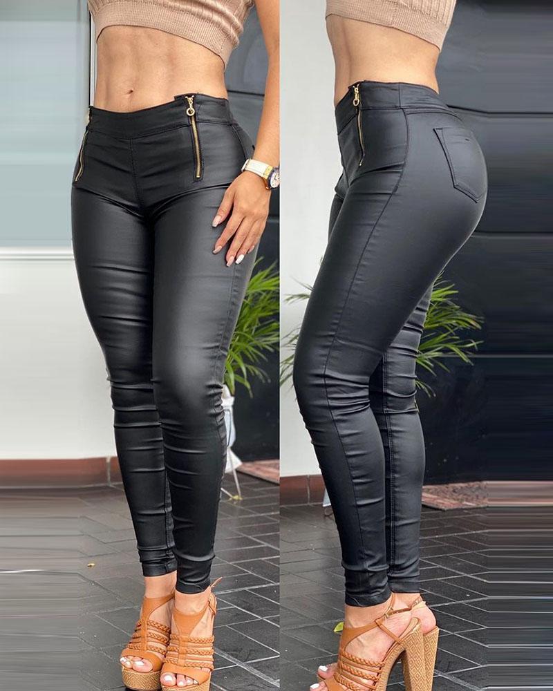 Plus Size Zipper Pocket Design PU Leather Skinny Pants