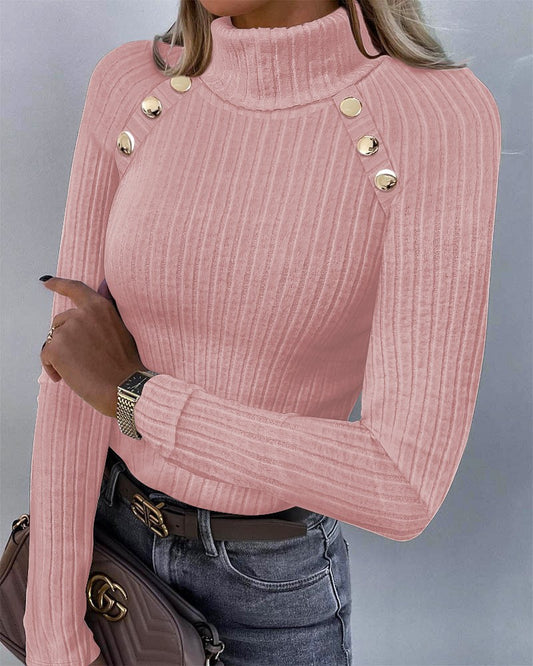 High Neck Buttoned Ribbed Top