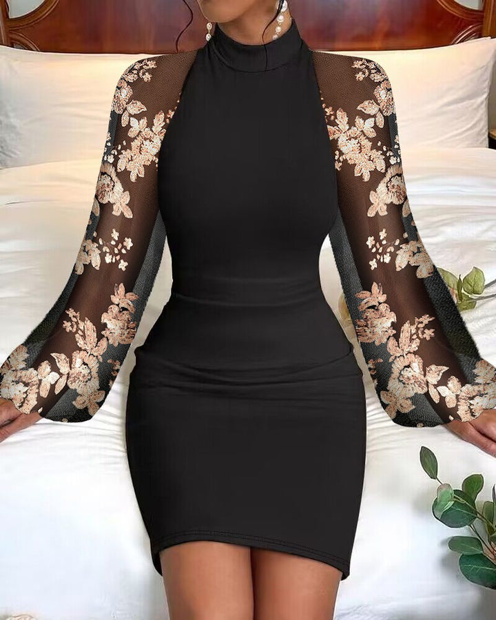 Floral Sequin Sheer Mesh Patch Bodycon Dress