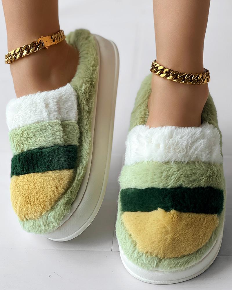 Colorblock Platform Fluffy Winter Thermal Slippers