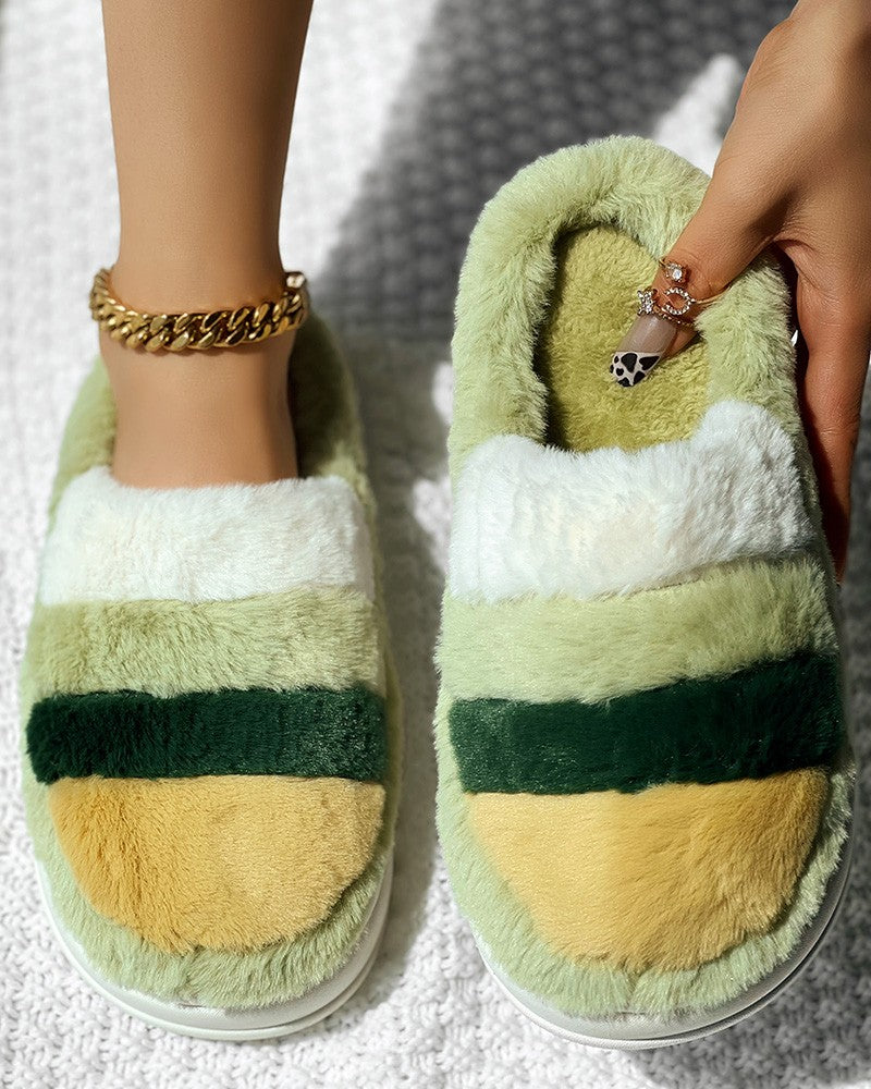 Colorblock Platform Fluffy Winter Thermal Slippers