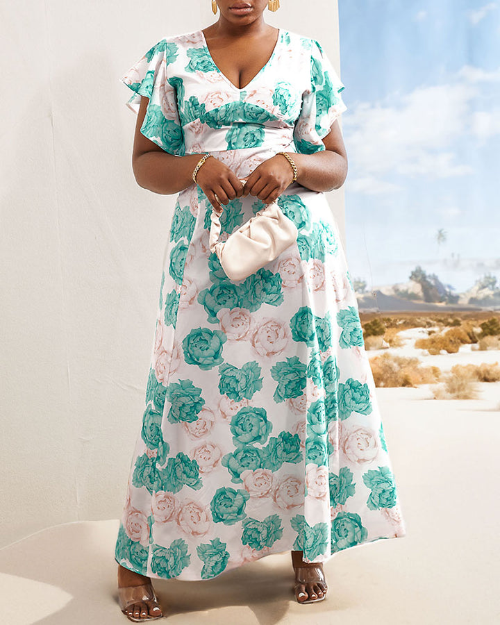 Floral Print V Neck Bell Sleeve Maxi Dress