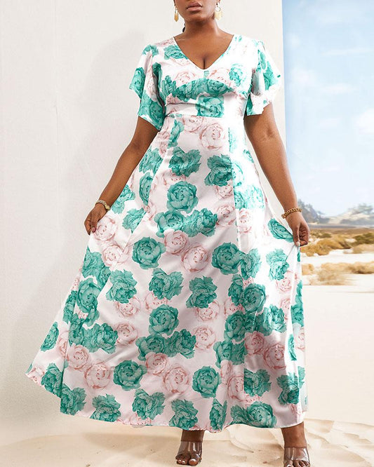Floral Print V Neck Bell Sleeve Maxi Dress