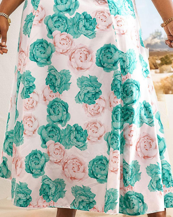 Floral Print V Neck Bell Sleeve Maxi Dress