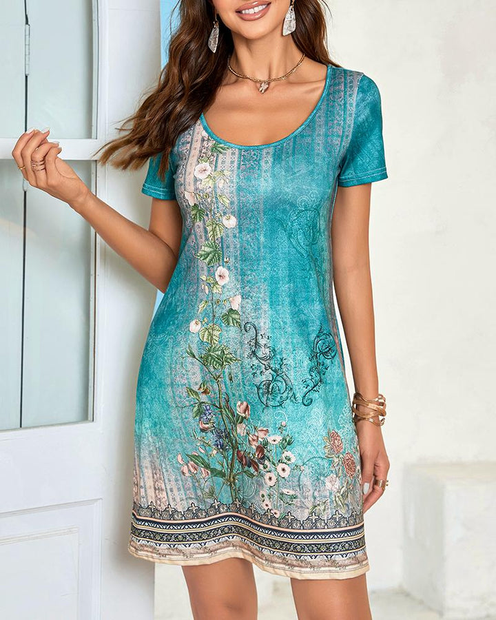 Floral Tribal Print Round Neck Casual Dress