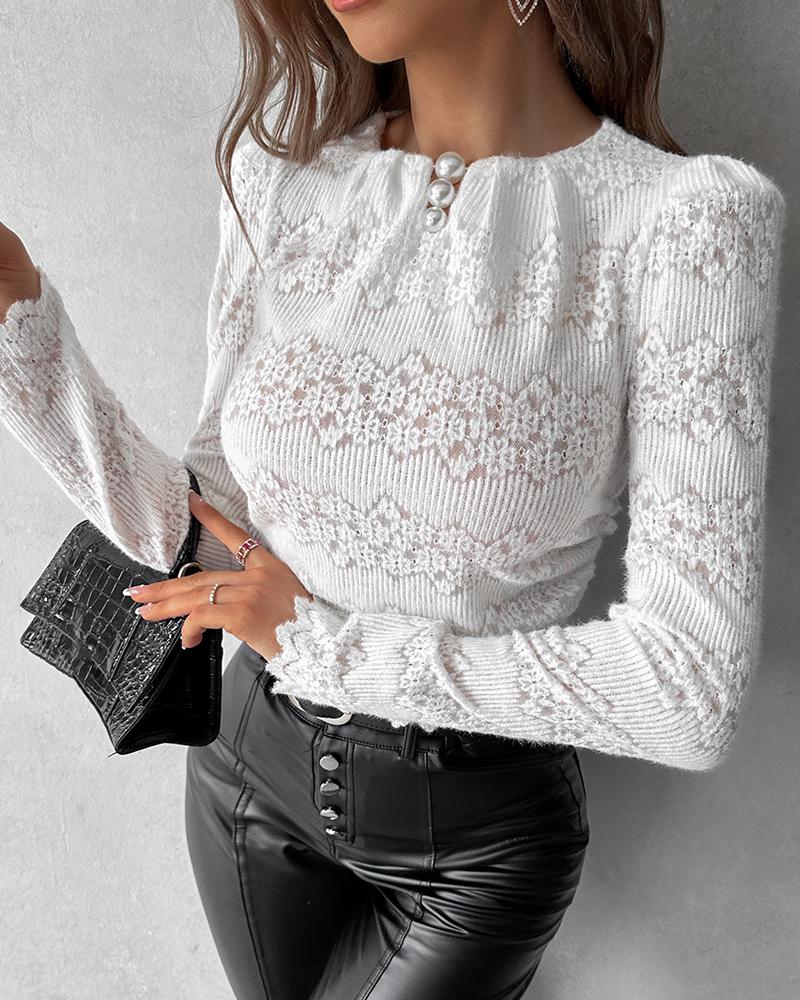 Pearls Decor Contrast Lace Puff Sleeve Top