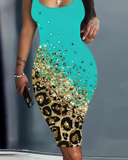 Contrast Leopard U Neck Sleeveless Bodycon Dress