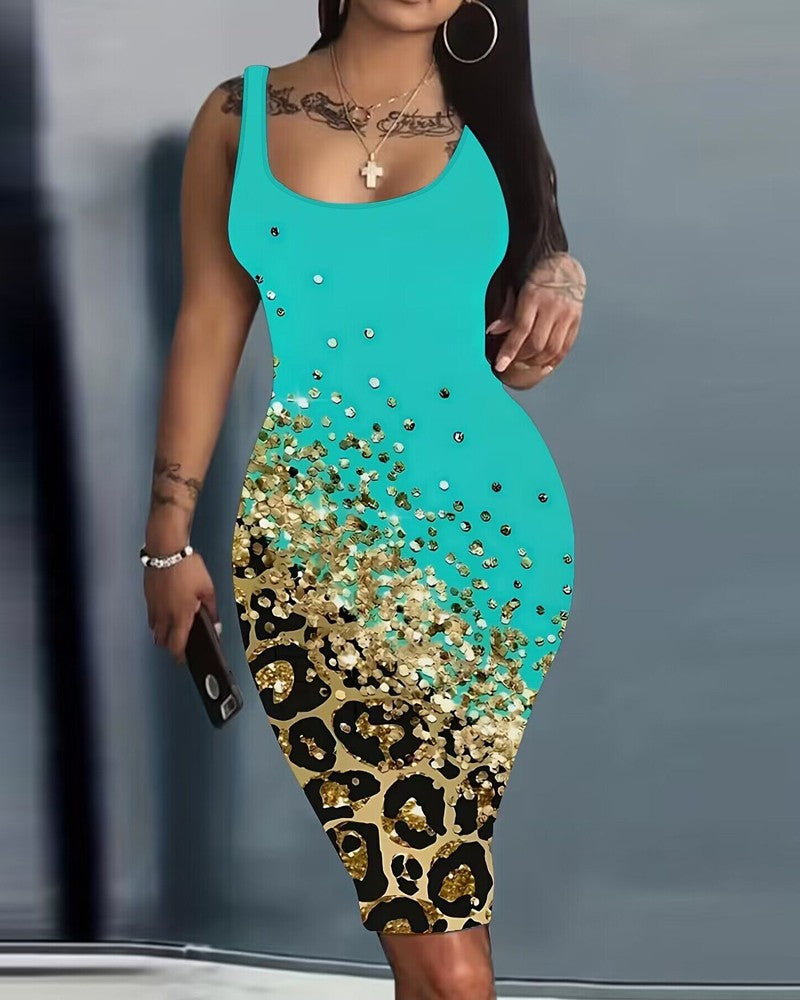 Contrast Leopard U Neck Sleeveless Bodycon Dress