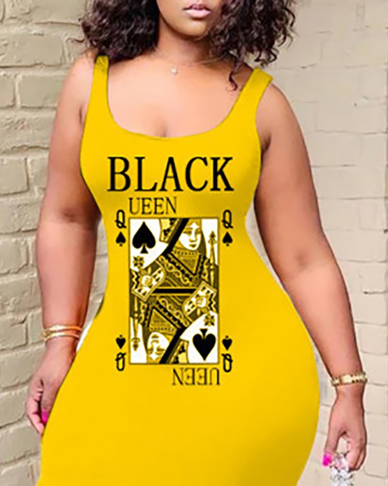 Letter Poker Print Slit Casual Tank Dress