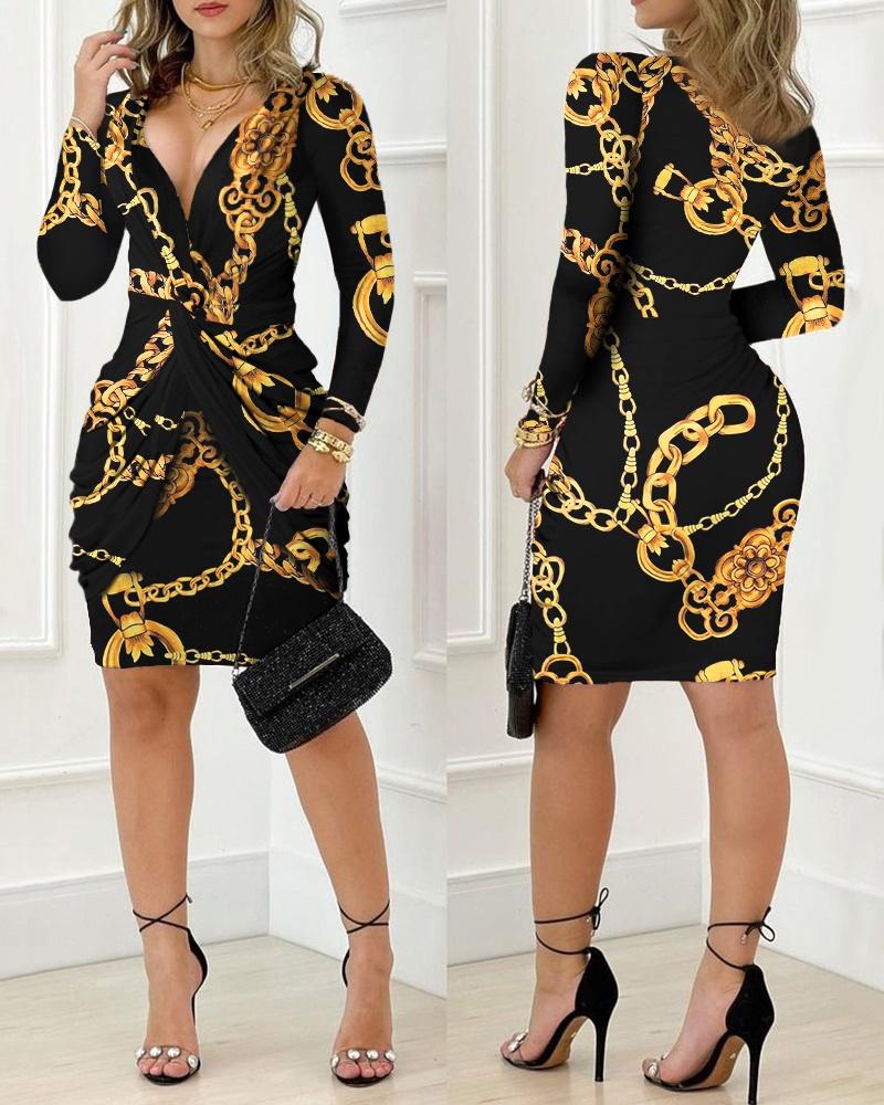 Baroque Chain Print Twist Detail Party Dress