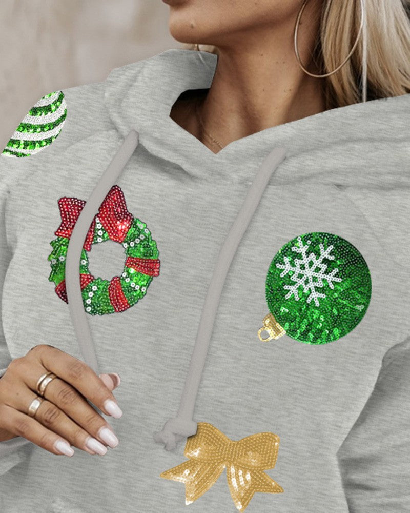 Christmas Sequin Graphic Pattern Hooded Sweatshirt