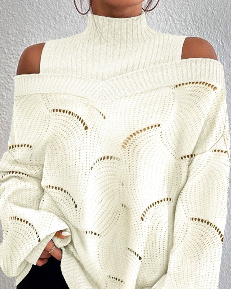 Cold Shoulder Lantern Sleeve Hollow Out Knit Sweater