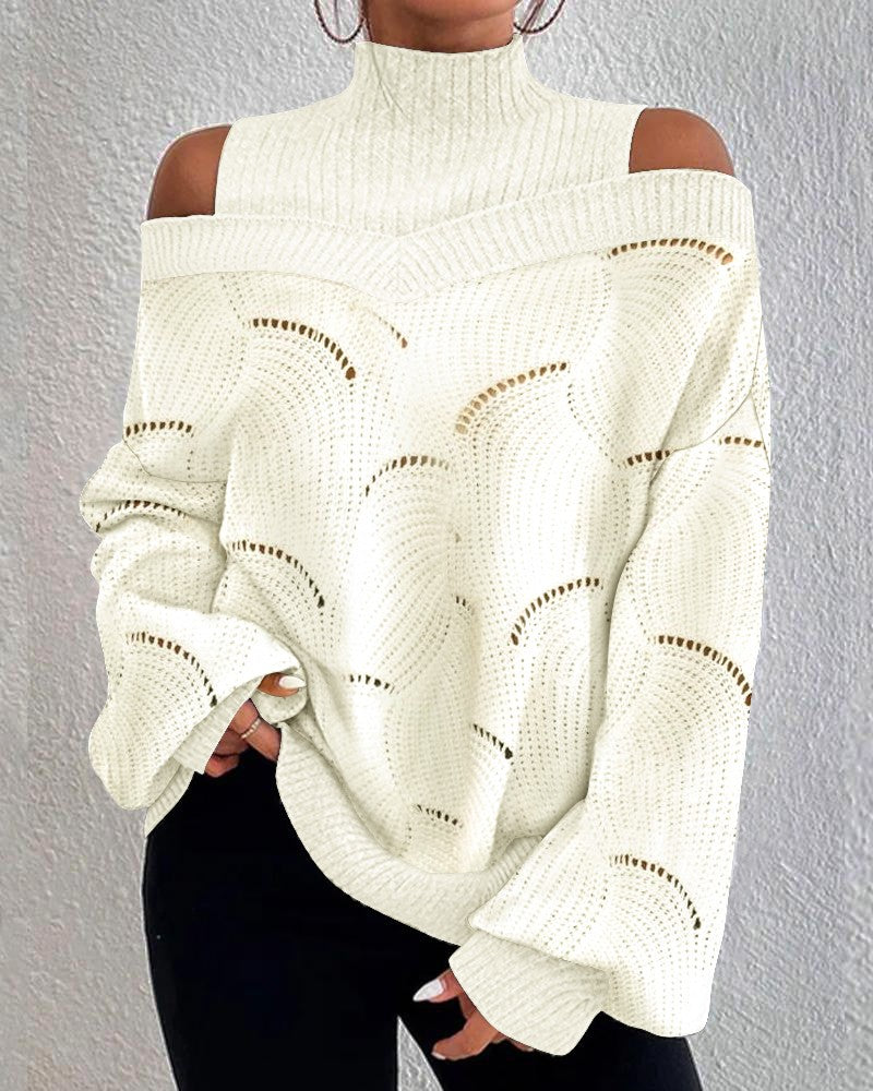 Cold Shoulder Lantern Sleeve Hollow Out Knit Sweater