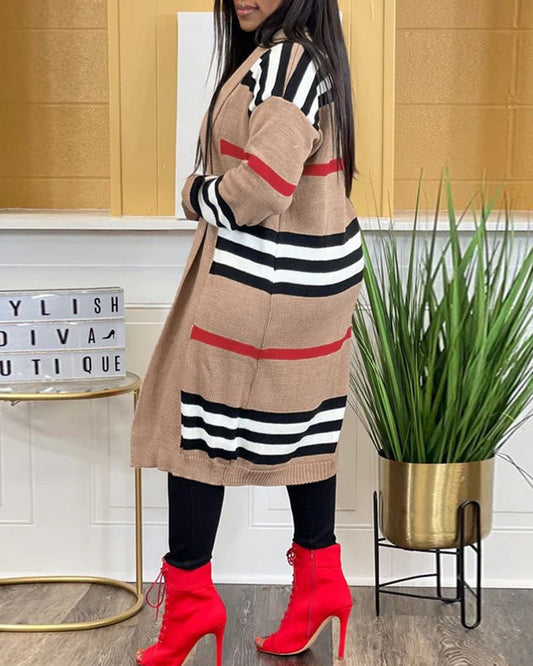 Striped Open Front Longline Knit Cardigan