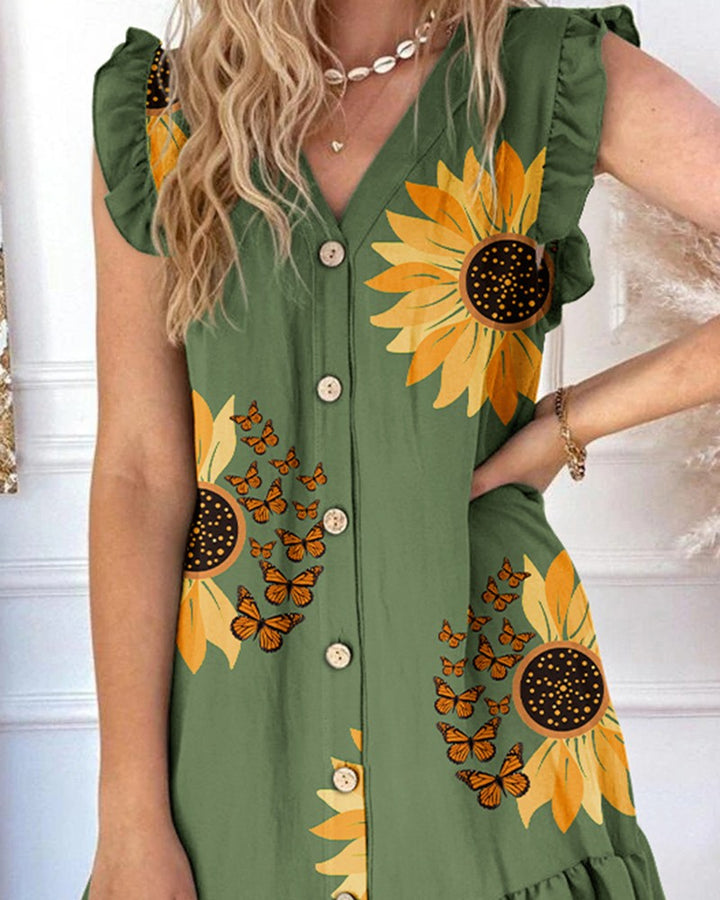 Sunflower Butterfly Print Ruffle Hem Casual Dress