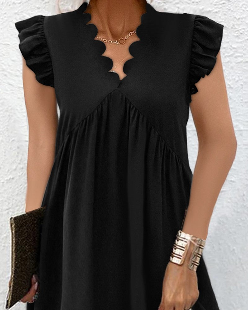 Flutter Sleeve Scallop Trim Casual Dress