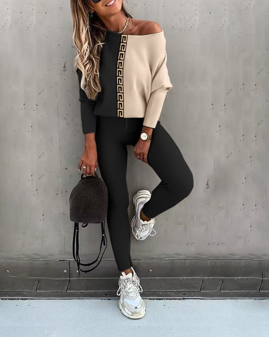 Colorblock Geometric Print Top & Drawstring Pants Set