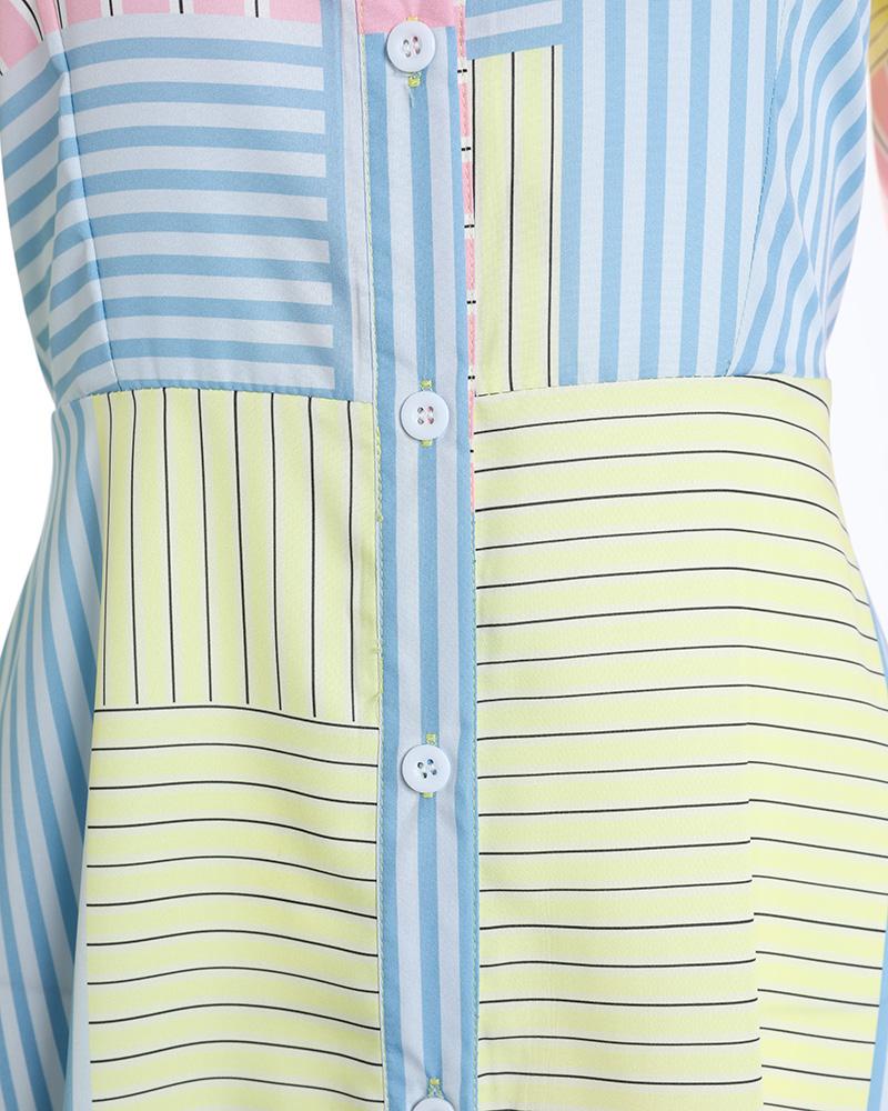 Striped Print Colorblock Puff Sleeve Shirt Dress