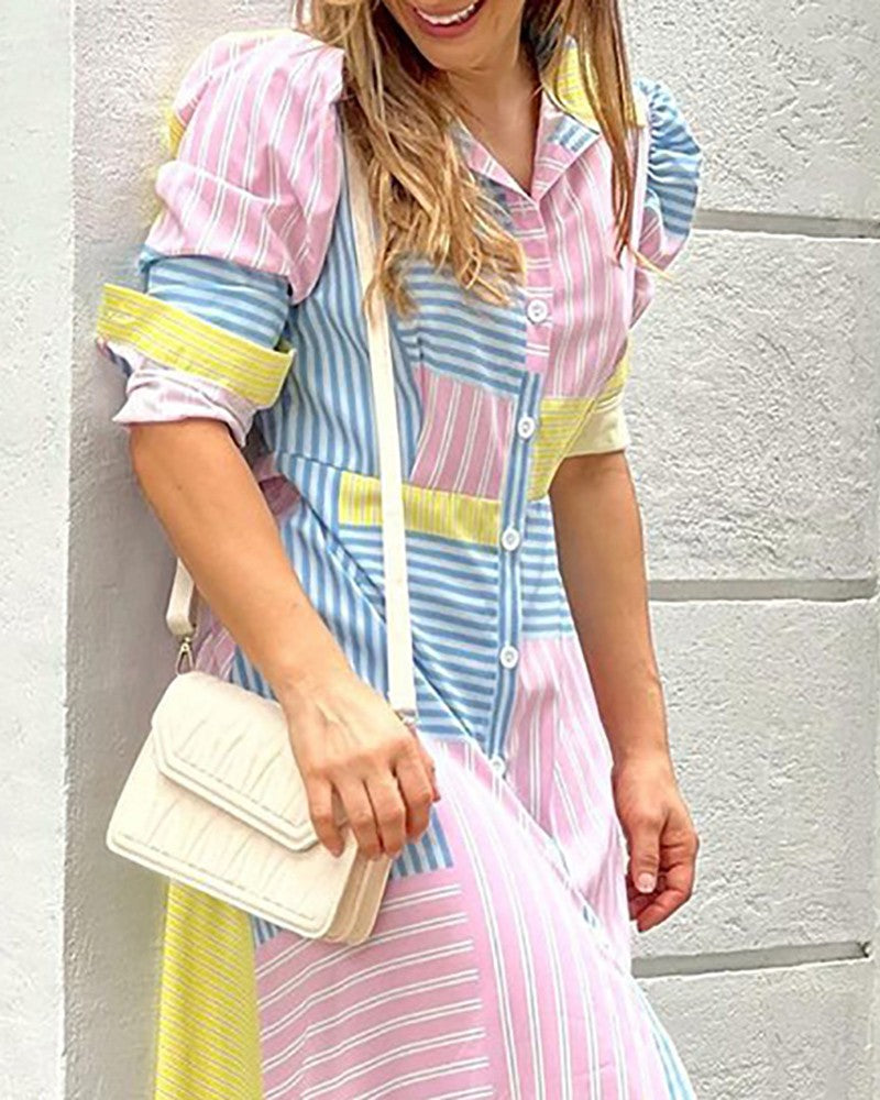 Striped Print Colorblock Puff Sleeve Shirt Dress