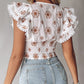 Floral Embroidery Lace Patch Ruffles Top