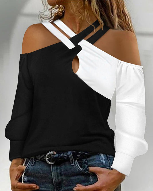 Colorblock Crisscross Cold Shoulder Top
