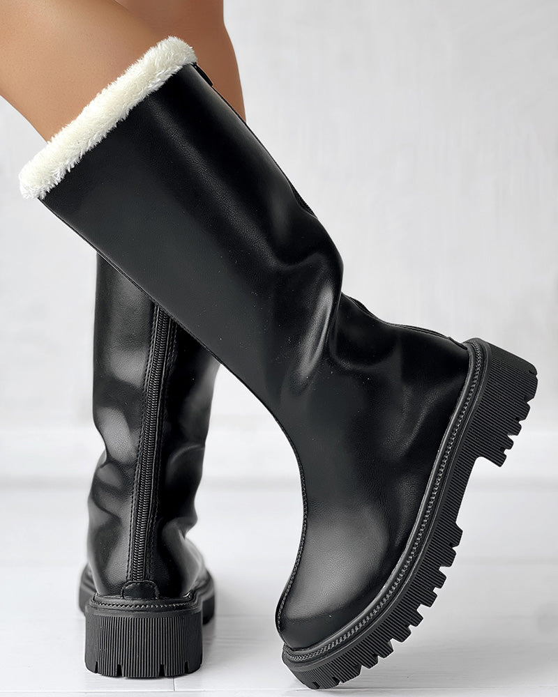 Zipper Design Fuzzy Detail Winter Calf Boots