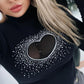 Rhinestone Heart Pattern Long Sleeve Top