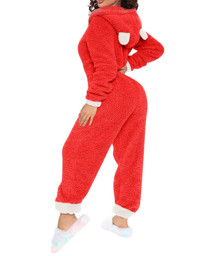 Christmas Zipper Front Hooded Fluffy Adult Onesie