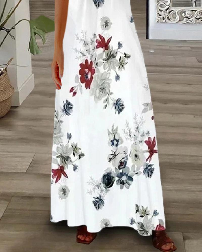 Floral Print Short Sleeve Lace Patch Maxi Dress