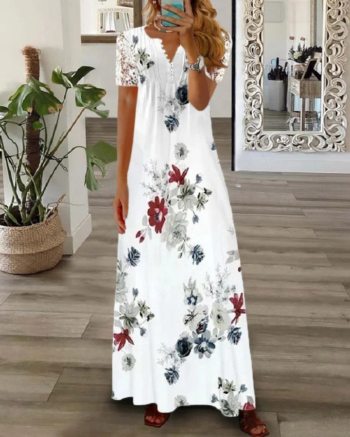 Floral Print Short Sleeve Lace Patch Maxi Dress