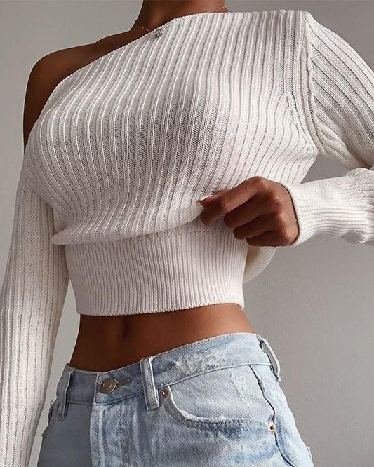 Cold Shoulder Long Sleeve Knit Crop Sweater